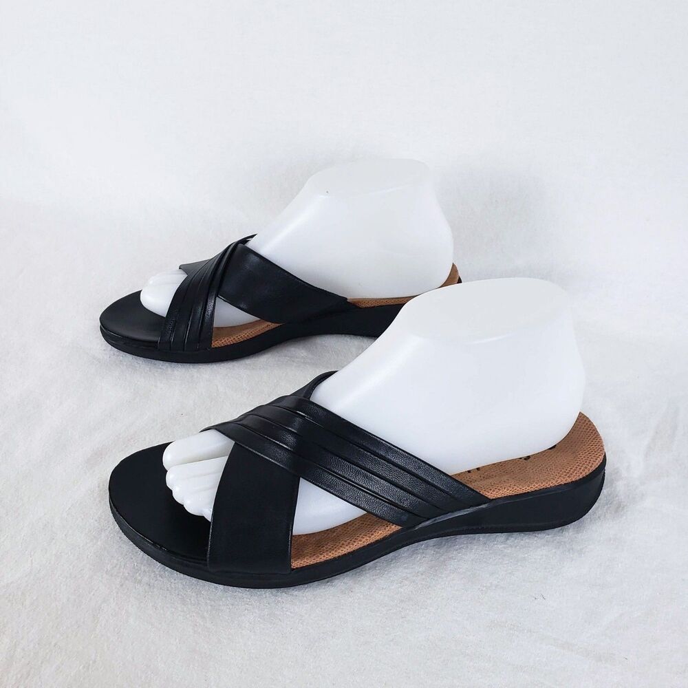 Softwalk Tillman Criss Cross Leather Slide Sandals Womens 7.5 Black Comfort